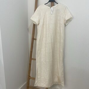 NWT J CREW Ivory Sequin Short Sleeve Side Slit Formal Shift Gown Maxi Dress 12
